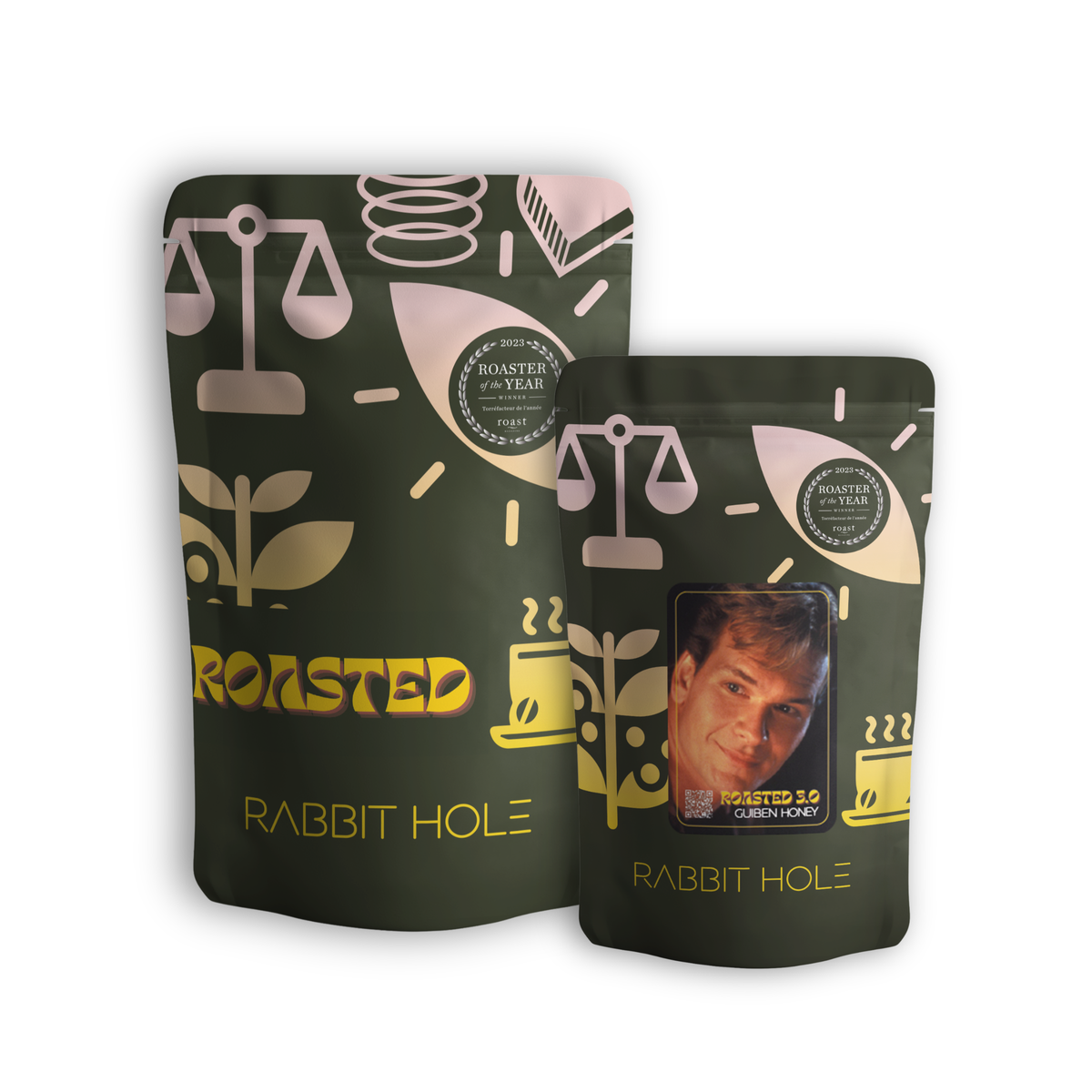 Two custom-printed dark green coffee coffee bags from Rabbit Hole Roasters, featuring a custom label for Roasted Experimental Releases. Roasted 3.0 features Patrick Swayze from the 1990 movie Ghost.