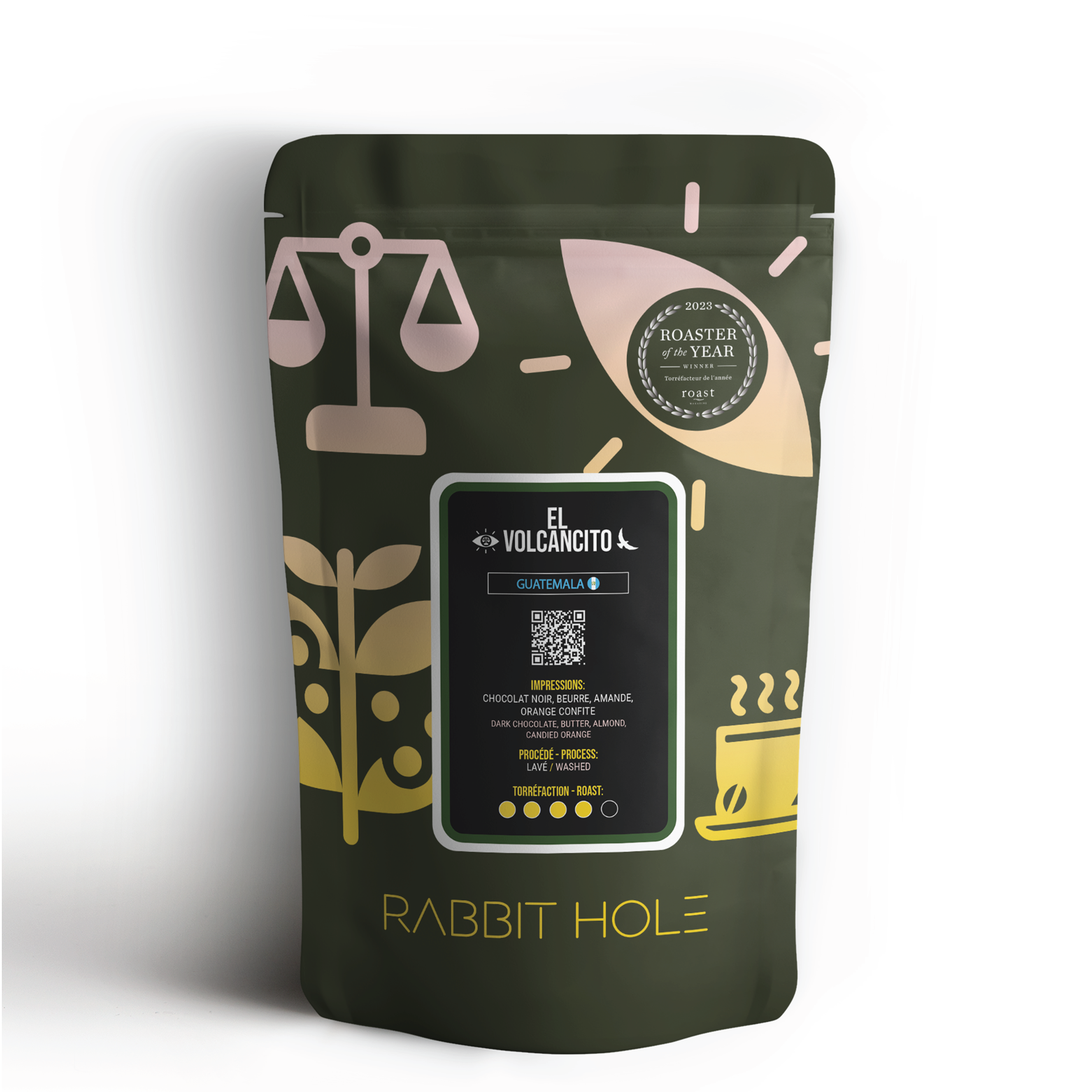 Coffee packaging with branding and product details on a white background