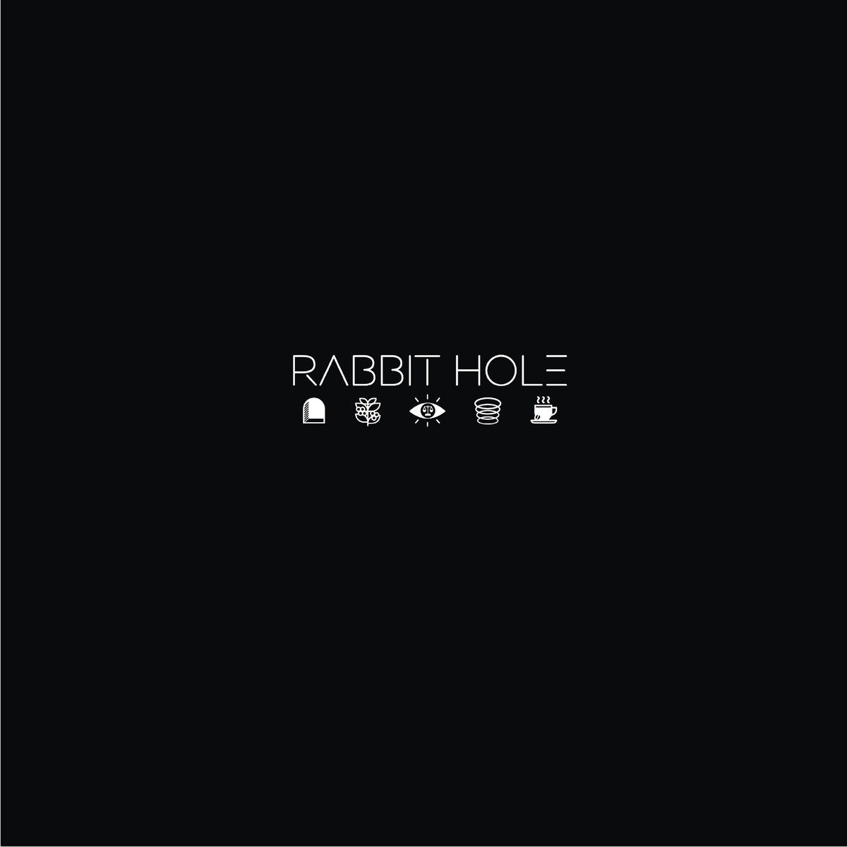 Black background with white text 'RABBIT HOLE' and icons below on a black background